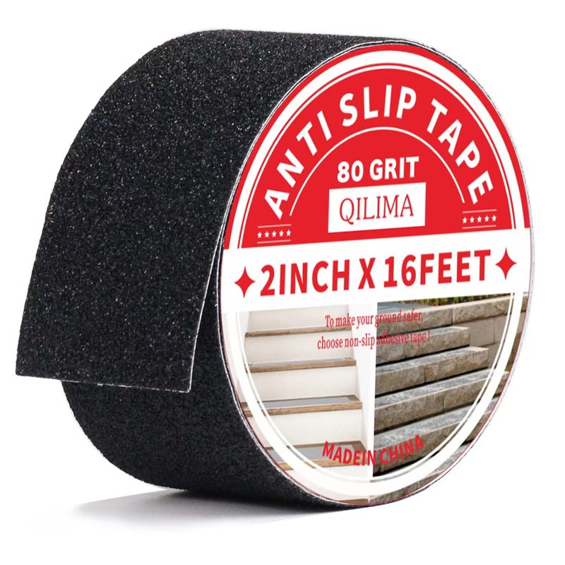 QILIMA Anti Slip Tape - Waterproof Non Slip Stair Grips, Outdoor Adhesive Grip Tape for Step Treads, Black, 2inx16.5ft - Image 1
